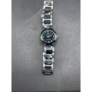 Vtg GW Quartz Watch 4 White Sapphire Black Dial Stainless Steel Band 23mm